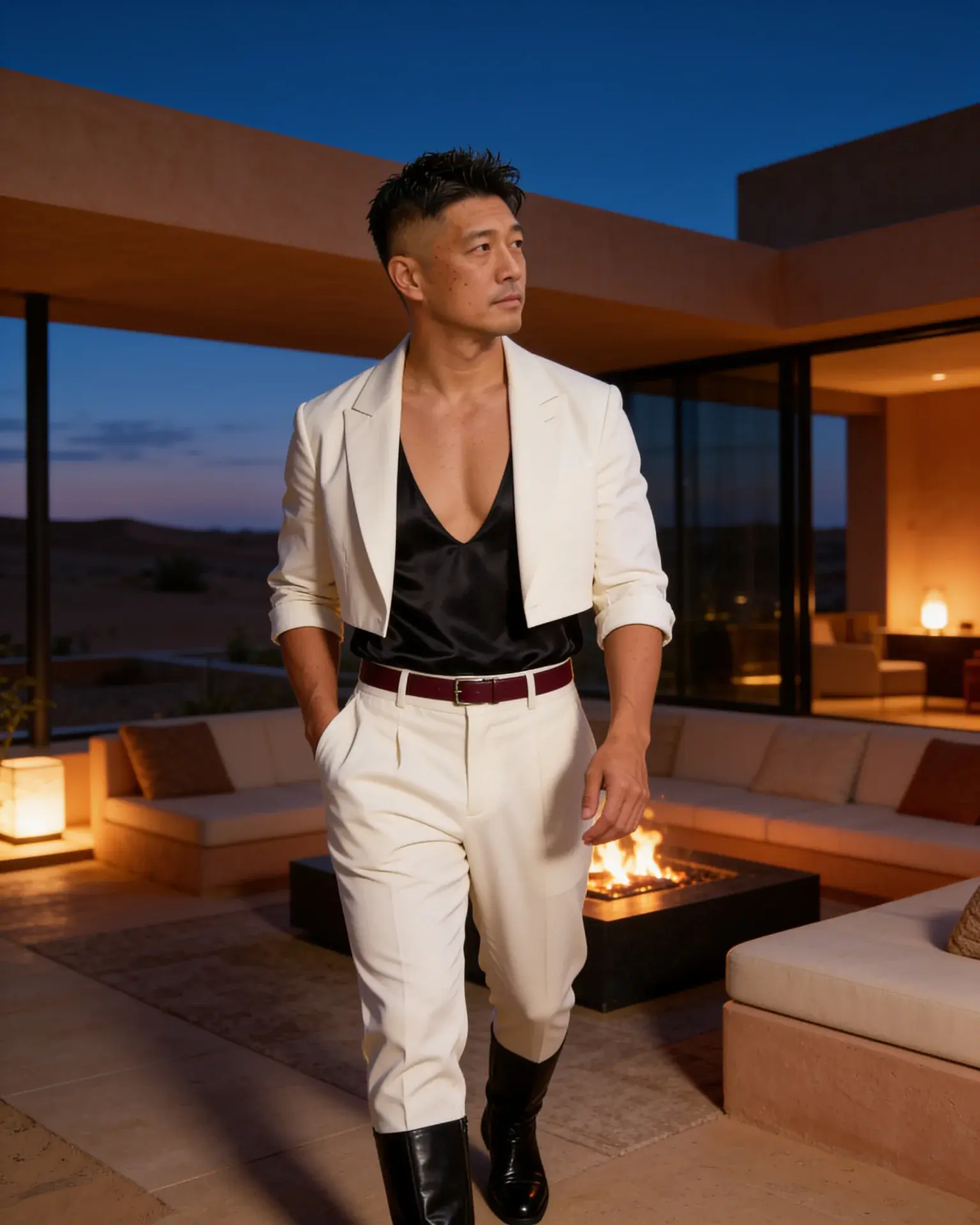 Same man in an ivory suit at a modernist desert hotel after sunset