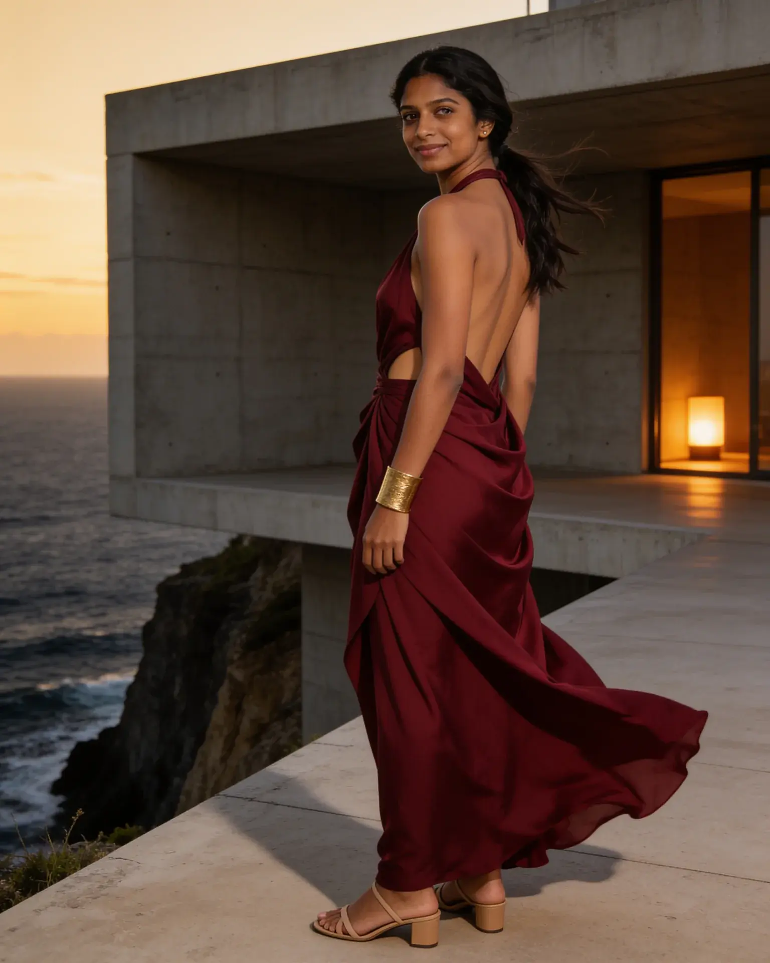 Same woman in a wine-red gown on a brutalist ocean terrace at dusk