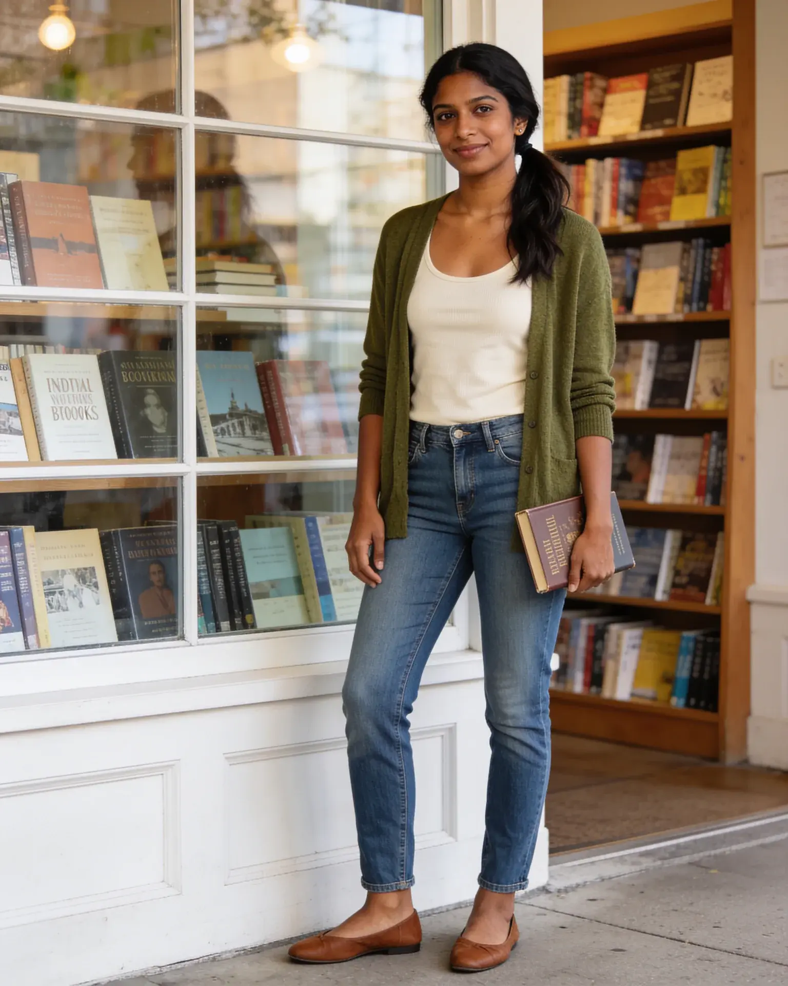 Adult woman in a green cardigan and jeans outside a bookstore