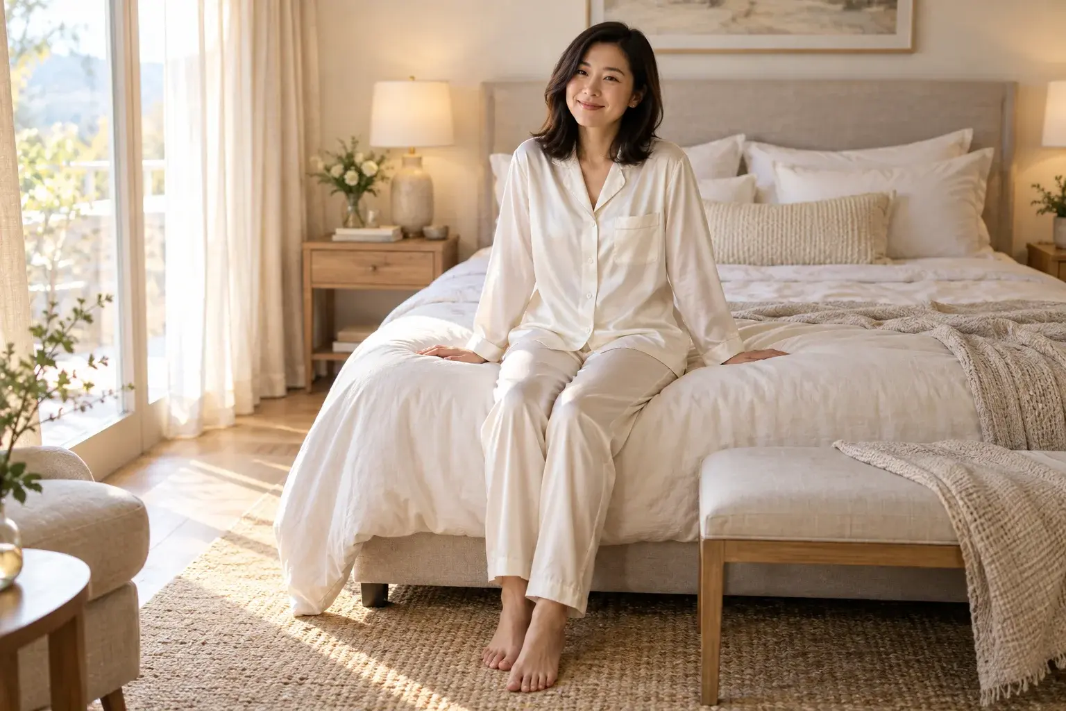 Fictional adult woman in ivory silk pajamas seated at the edge of a linen-covered bed in morning window light