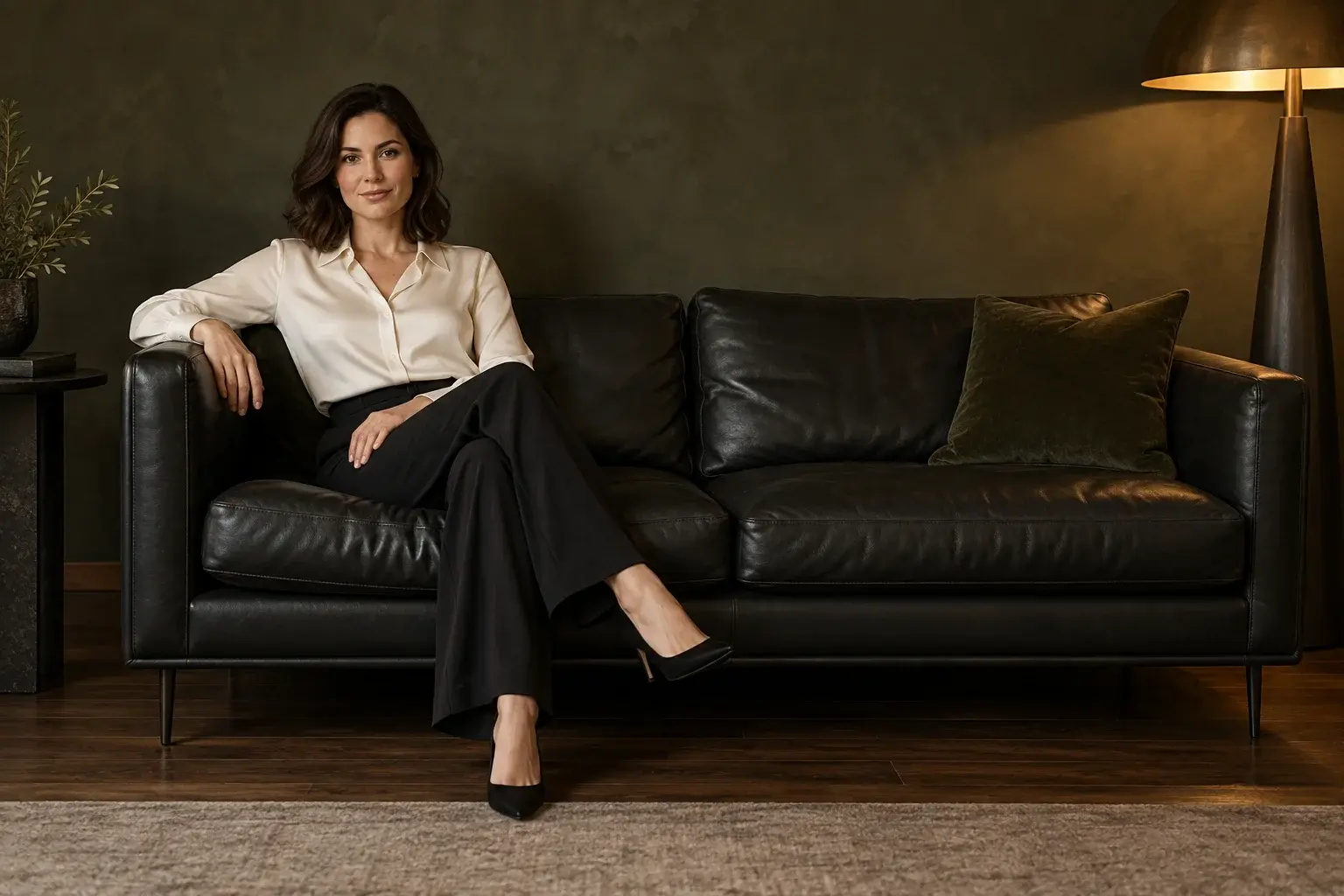 Fictional adult woman in an ivory blouse and black trousers seated on a black leather couch in a dim olive lounge