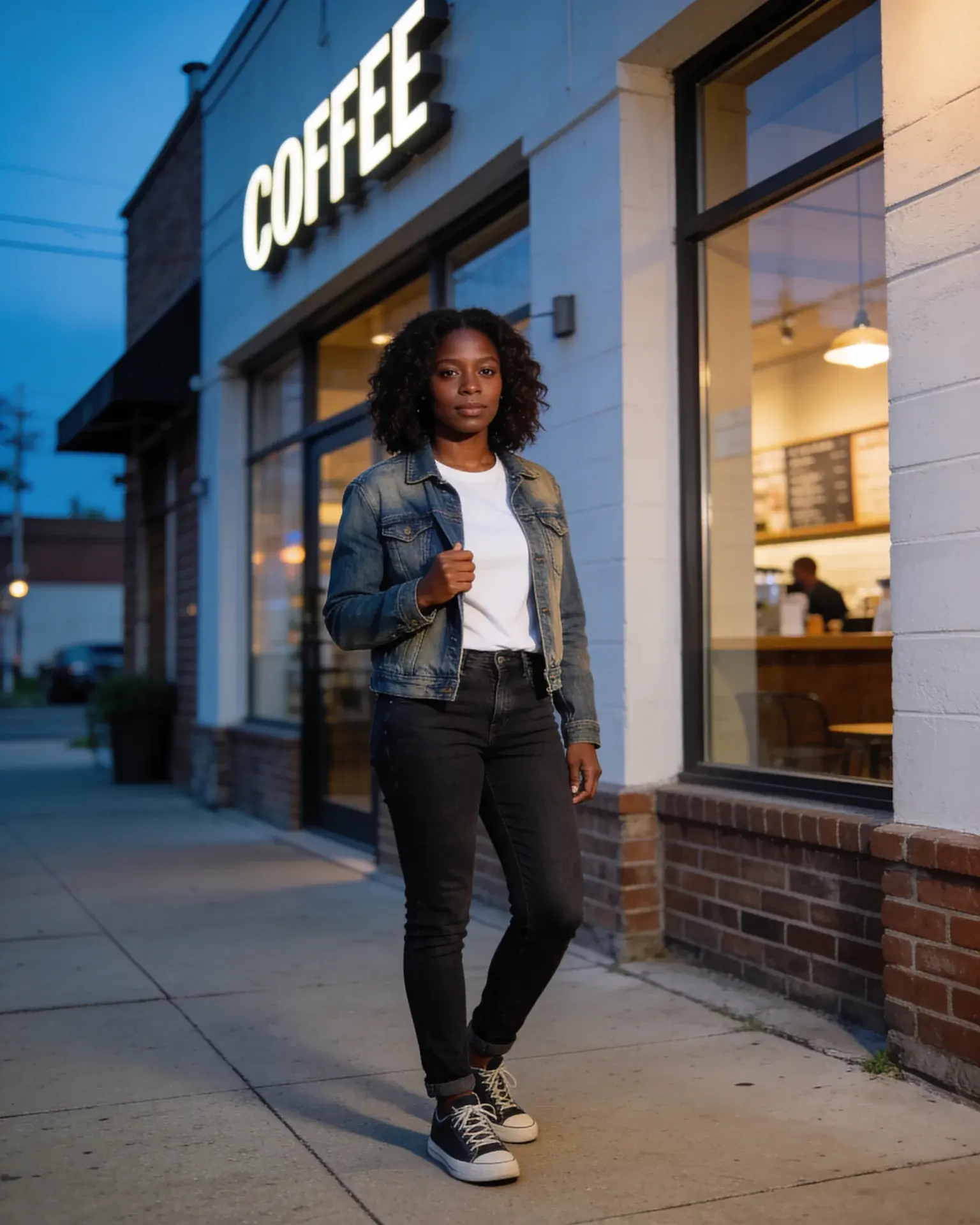 Adult woman in a denim jacket and jeans outside a coffee shop