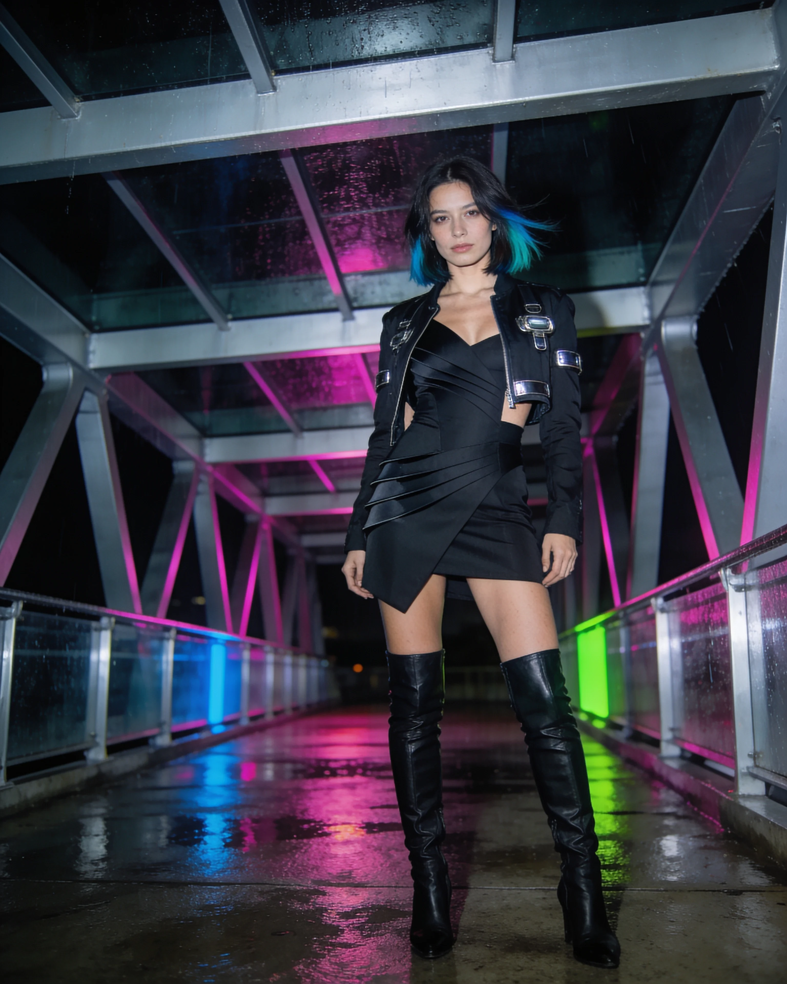 Woman in a black cyberpunk outfit on a neon-lit skybridge