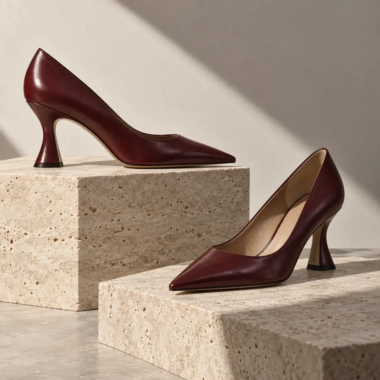 Oxblood pointed-toe pumps with sculptural heels on staggered travertine plinths