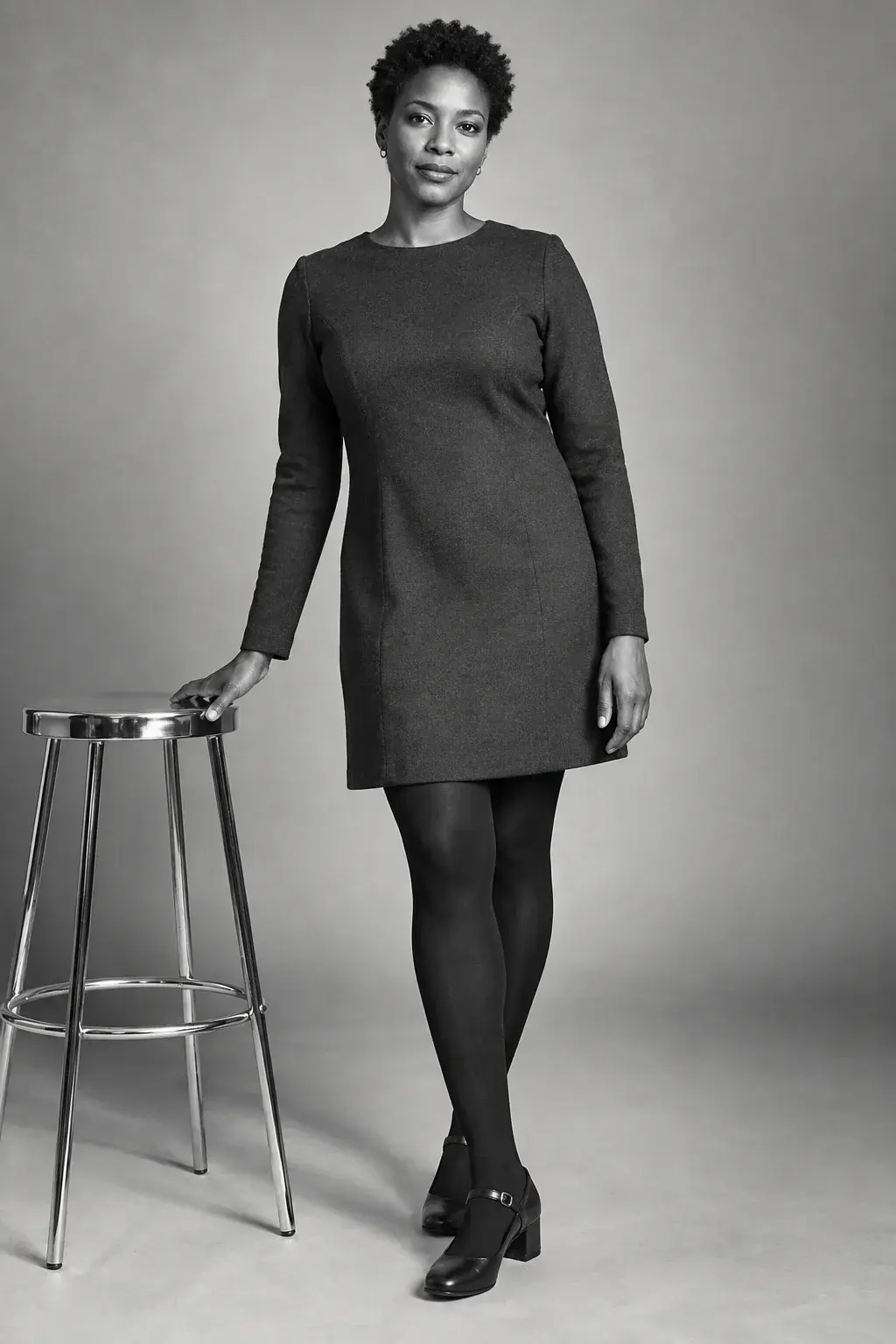Black-and-white fashion portrait of a fictional adult woman wearing a charcoal shift dress, black tights, and Mary Jane shoes