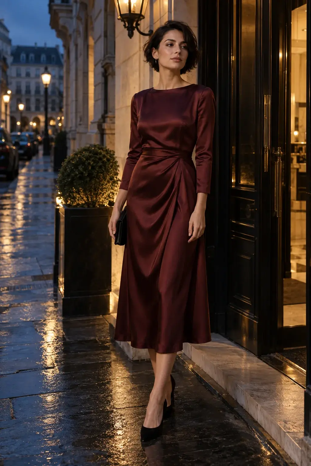 Fictional adult woman in a burgundy satin dress outside a warmly lit hotel at dusk