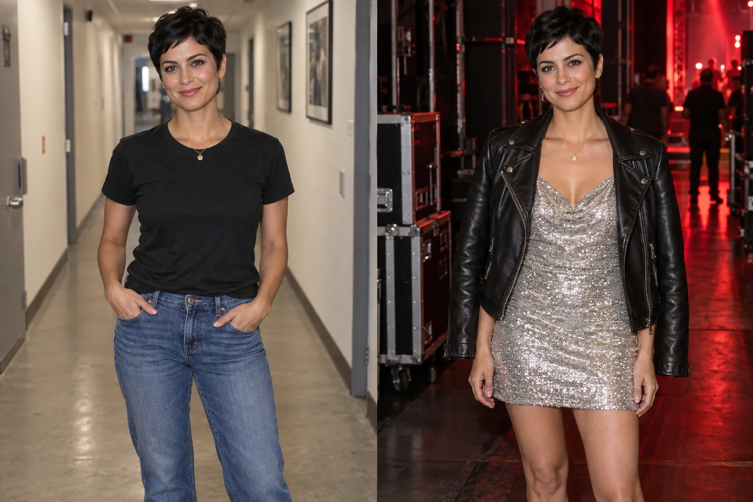 Fictional adult olive-skinned woman with a dark pixie cut in an everyday portrait. Right: The same fictional adult olive-skinned woman with a dark pixie cut wearing a silver mini dress and leather jacket backstage. AI-generated concept pair.