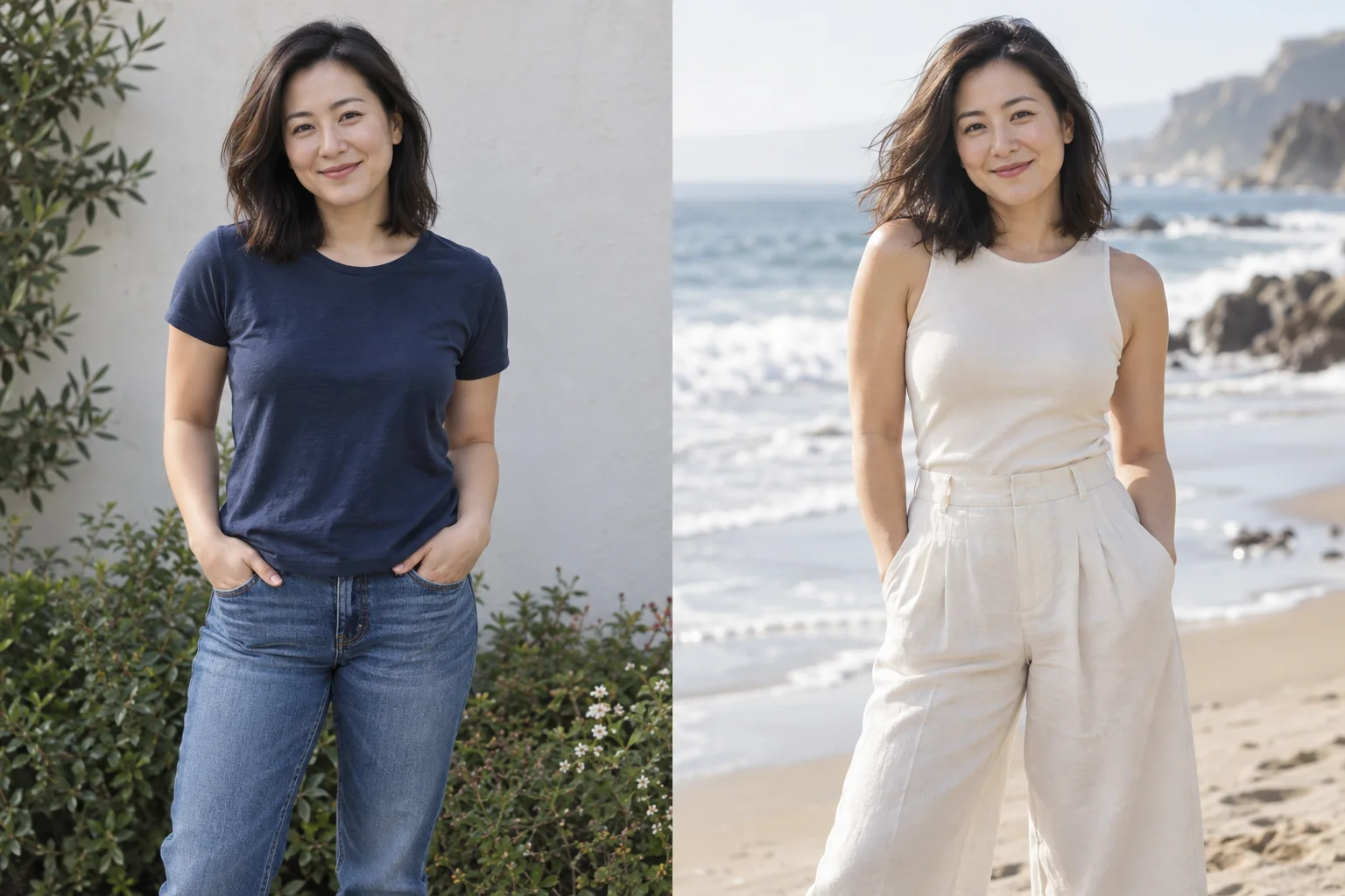 Fictional adult East Asian woman with shoulder-length dark hair in an everyday portrait. Right: The same fictional adult East Asian woman with shoulder-length dark hair wearing ivory linen trousers and a fitted top at the beach. AI-generated concept pair.