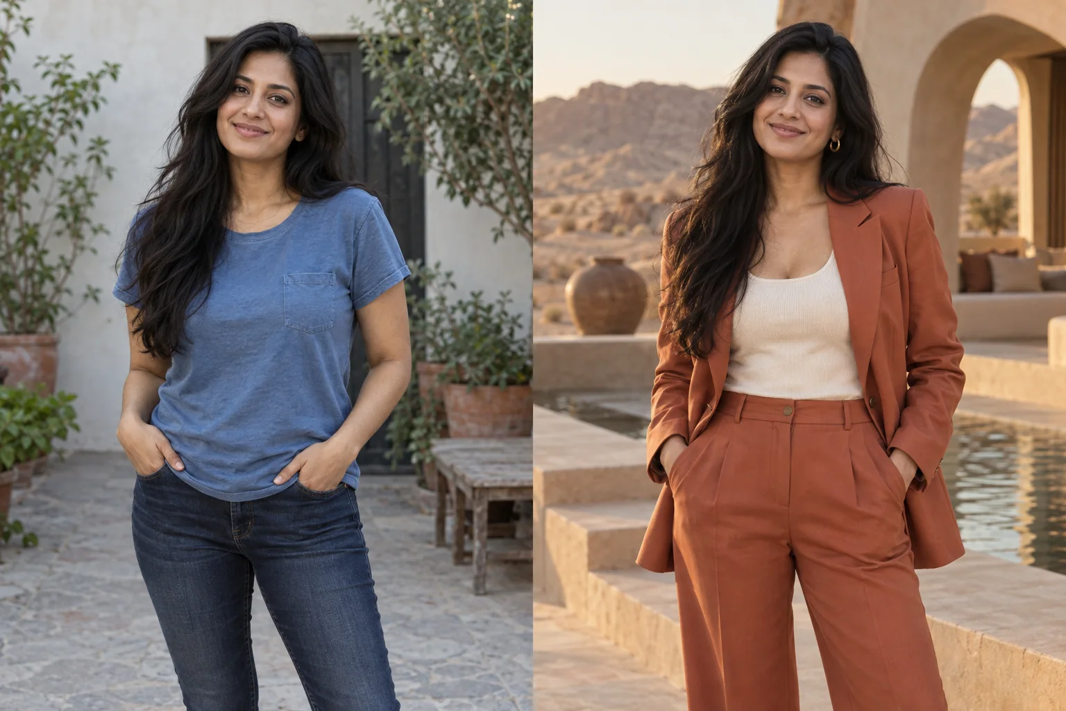 Fictional adult South Asian woman with long black hair in an everyday portrait. Right: The same fictional adult South Asian woman with long black hair wearing a terracotta suit and ivory top at a desert hotel. AI-generated concept pair.