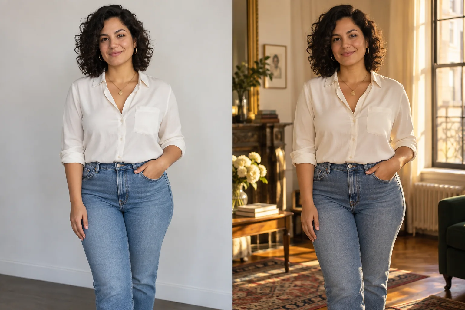 Fictional adult Latina woman with a dark curly bob in an everyday portrait. Right: The same fictional adult Latina woman with a dark curly bob wearing the same ivory blouse in soft golden window light. AI-generated concept pair.