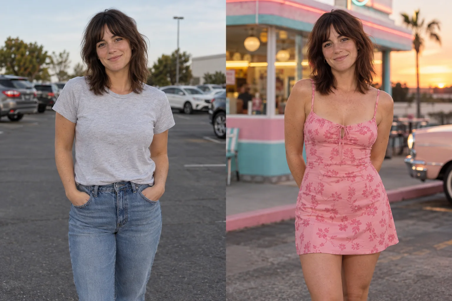 Fictional adult freckled brunette woman in an everyday portrait. Right: The same fictional adult freckled brunette woman wearing a pink mini dress outside a retro diner. AI-generated concept pair.