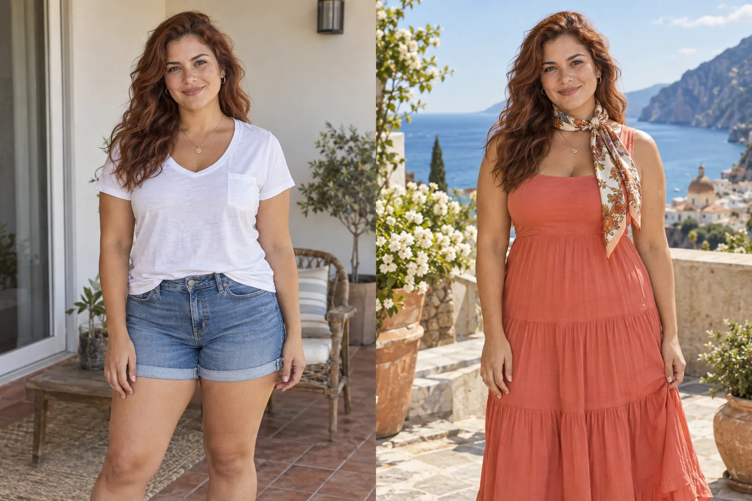 Fictional adult curvy Latina woman with auburn waves in an everyday portrait. Right: The same fictional adult curvy Latina woman with auburn waves wearing a coral midi dress and patterned silk neck scarf on a Mediterranean terrace. AI-generated concept pair.