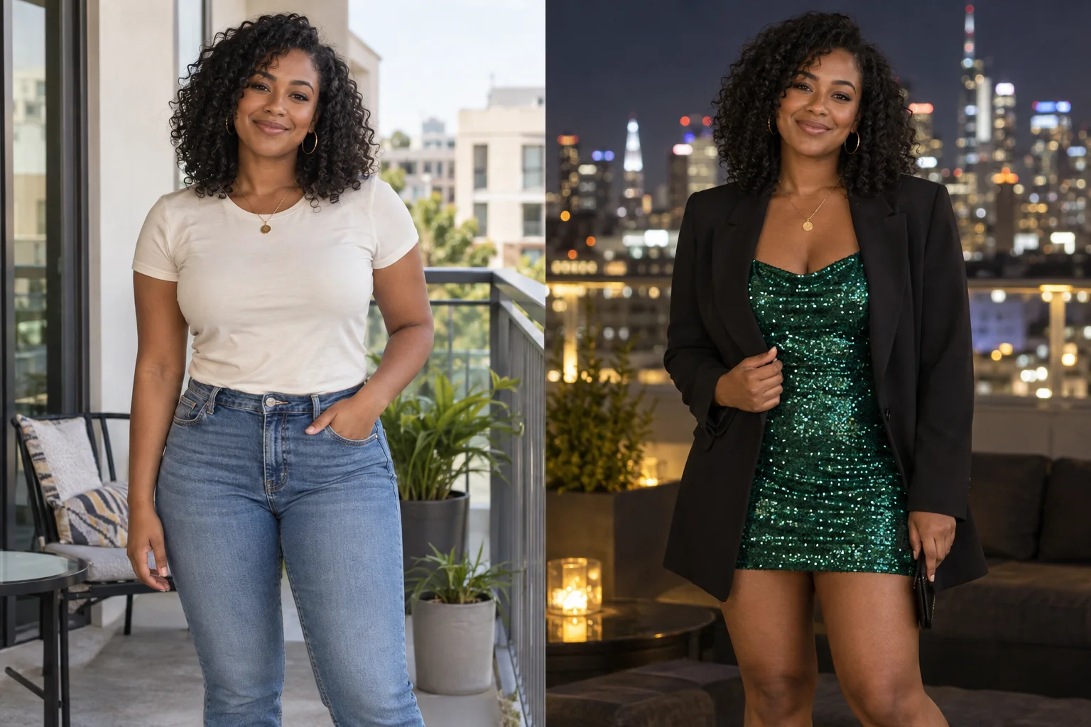 Fictional adult Black woman with natural curls in an everyday portrait. Right: The same fictional adult Black woman with natural curls wearing an emerald sequin outfit and blazer on a rooftop at night. AI-generated concept pair.