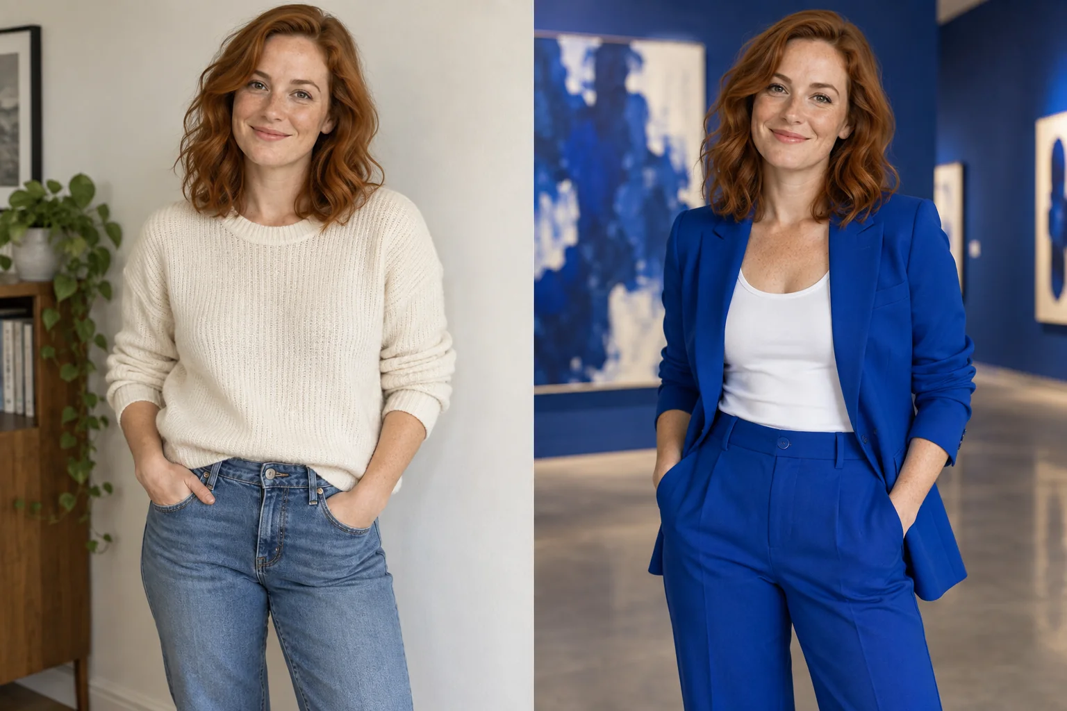Fictional adult redheaded woman with freckles in an everyday portrait. Right: The same fictional adult redheaded woman with freckles wearing a cobalt trouser suit in a blue art gallery. AI-generated concept pair.