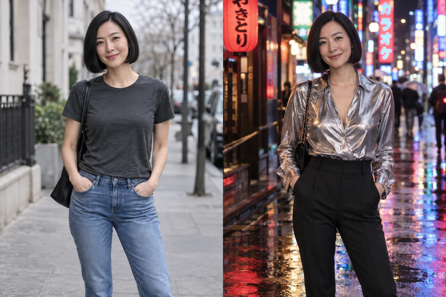 Fictional adult East Asian woman with a blunt black bob in an everyday portrait. Right: The same fictional adult East Asian woman with a blunt black bob wearing a metallic long-sleeve blouse and black trousers on a neon-lit street. AI-generated concept pair.