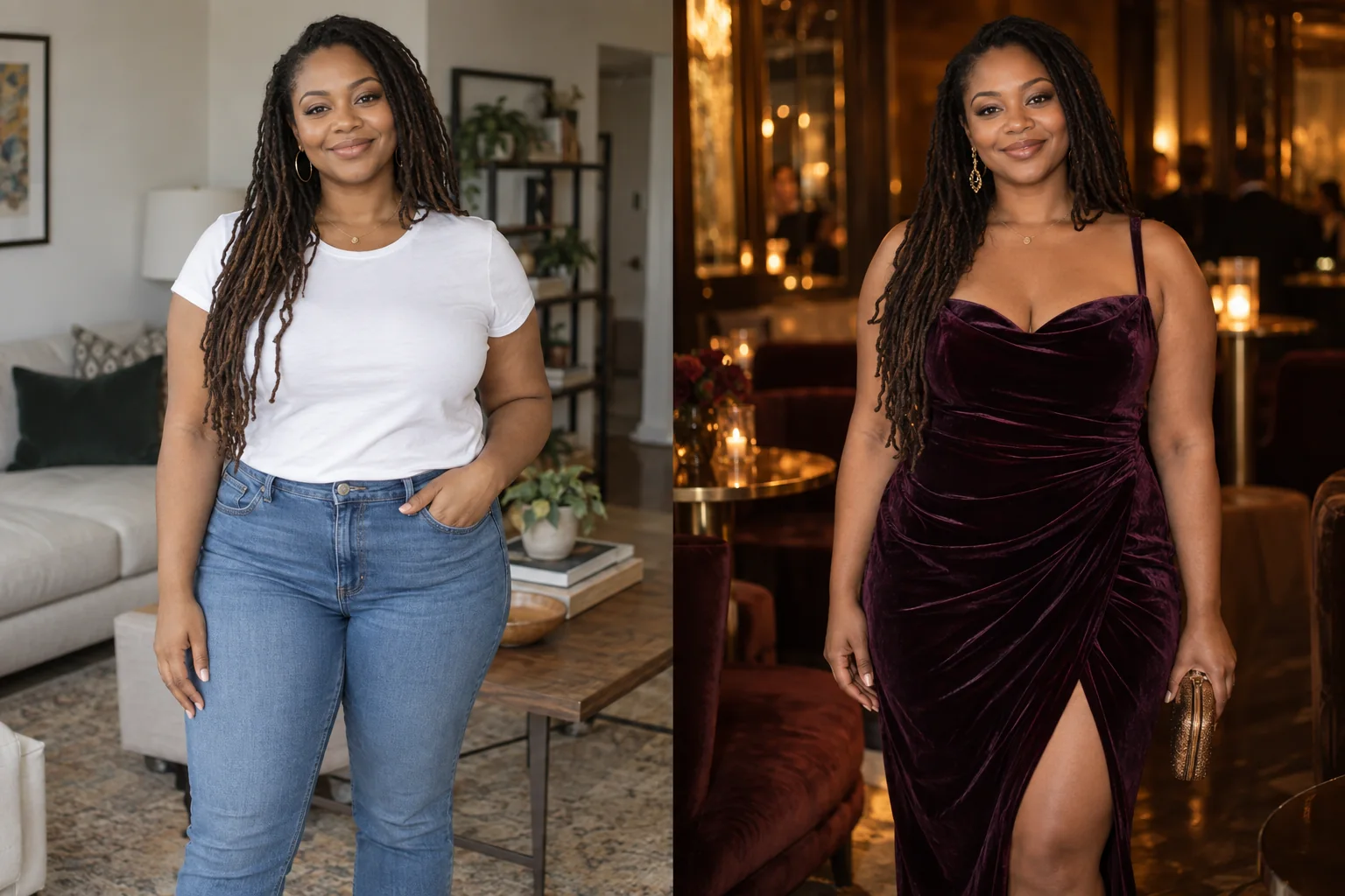 Fictional adult curvy Black woman with long locs in an everyday portrait. Right: The same fictional adult curvy Black woman with long locs wearing a plum velvet evening dress in a warm cocktail lounge. AI-generated concept pair.